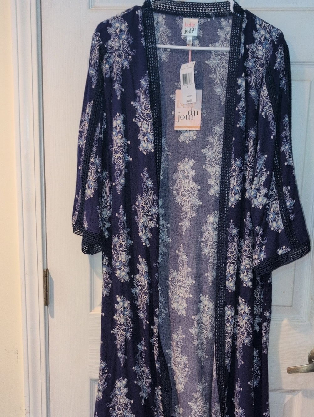 Belle Du Jour Navy Paisley Lace-Trim Open-Front Robe